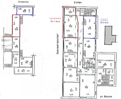 План 9-го этажа с антресолями Бизнес-центр на ул. Фрунзе, 4 / Красный проспект, 47. Увеличить?
